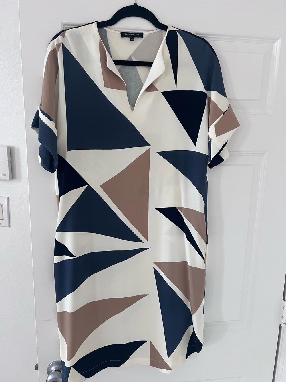 Lafayette 148 New York Abstract Geo Shift Dress in Navy, Cream & Taupe